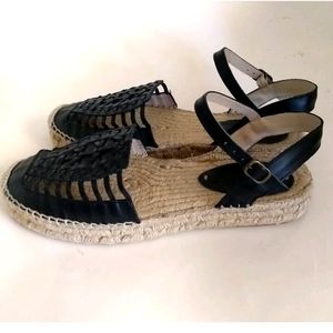 Soludos Woven Black Leather Ankle Strap Espadrille Sandals Size 10